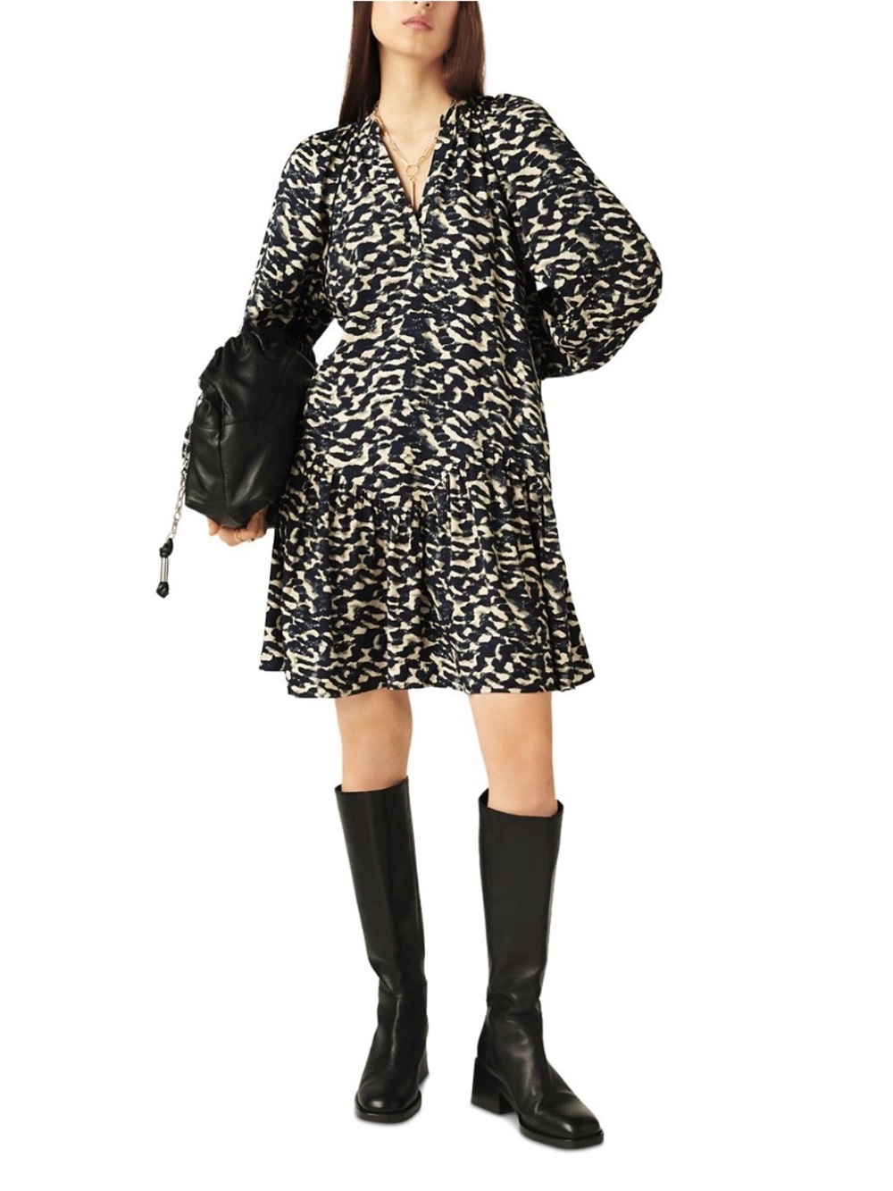 ba&sh Aisha Long-Sleeve Mini Dress Navy Blue & Cream Abstract Print Size XS